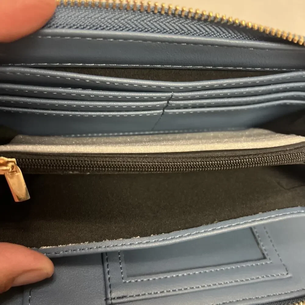 NWT Betsey Johnson Zip Around Wallet Wristlet Blue Denim W Embroidered Flowers